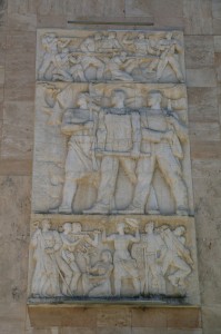 Albania, Tirana, bas-relief on the building of Albanian Goverment